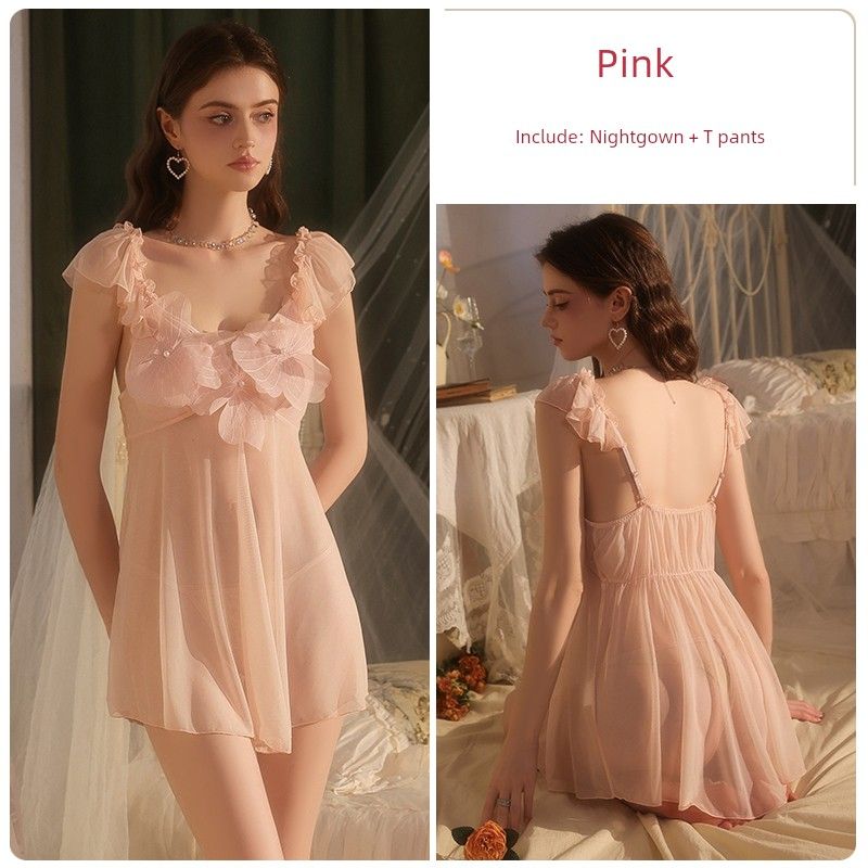 Good Morning with You Xiangsong Dream Pink Mesh Pure Desire Slip Nightdress with Chest Pad Sexy Pajamas Date Skirt