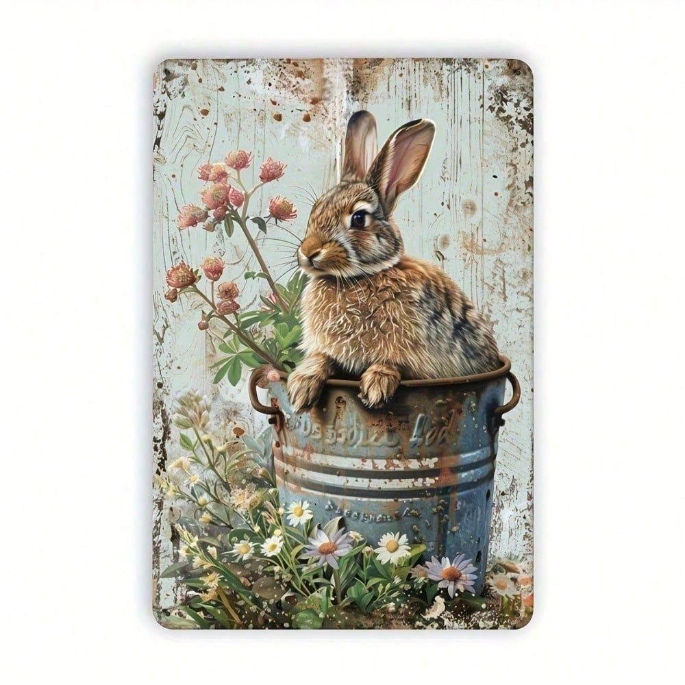 Vintage Rabbit Flower Metal Poster Wall Art Decor