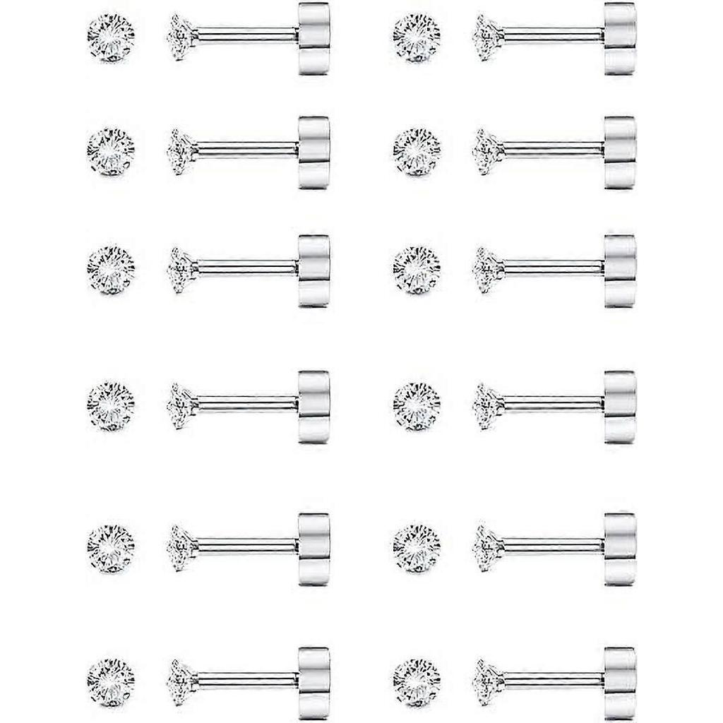 12 Pairs 3mm Round Cubic Zirconia Earrings Flat Back Studs Earrings 316L Stainless Steel Earrings for Women Men, Silver