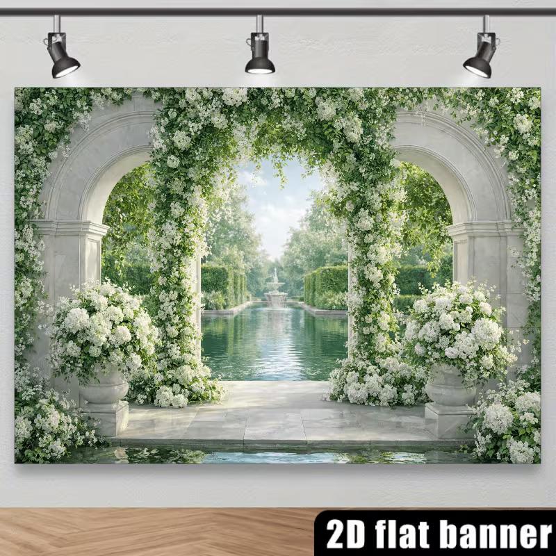 2D Elegant Garden Fountain Arch Wedding Photo Background