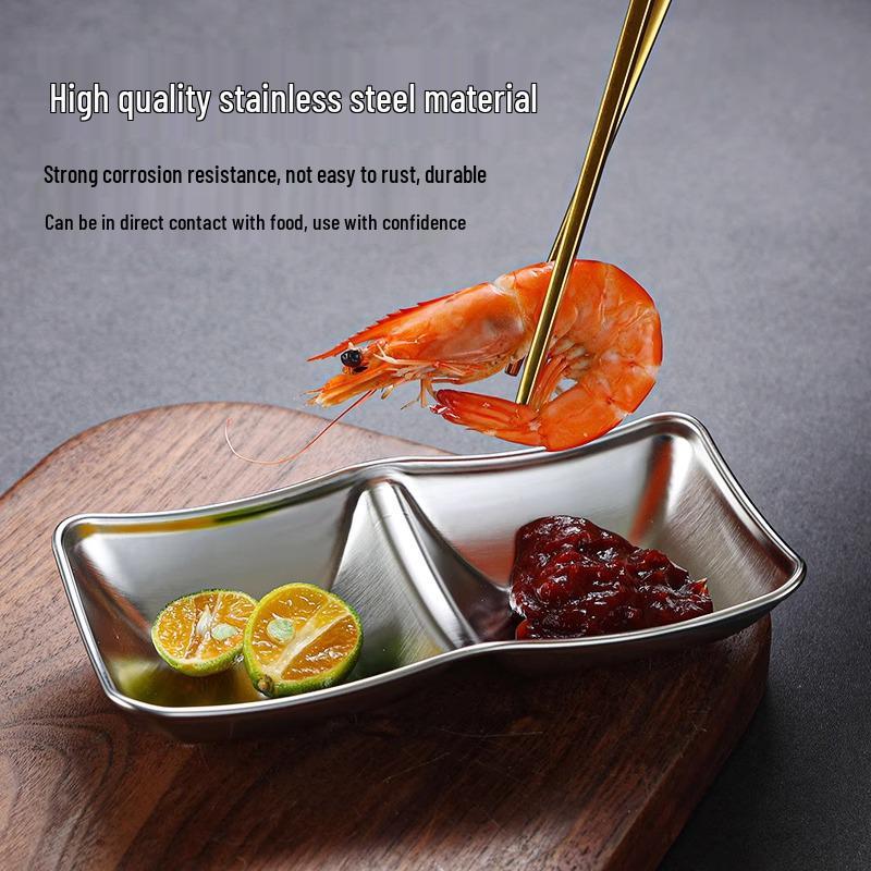 304 Stainless Steel Gold Korean Hot Pot & BBQ Dipping Sauce Dish with Three Compartments