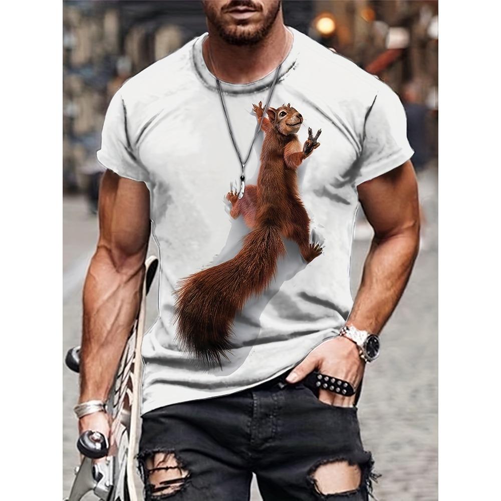 

Casual fashion new round neck short-sleeved T-shirt solid color 3D printing realistic squirrel pattern men s street fashion thin short-sleeved top XL