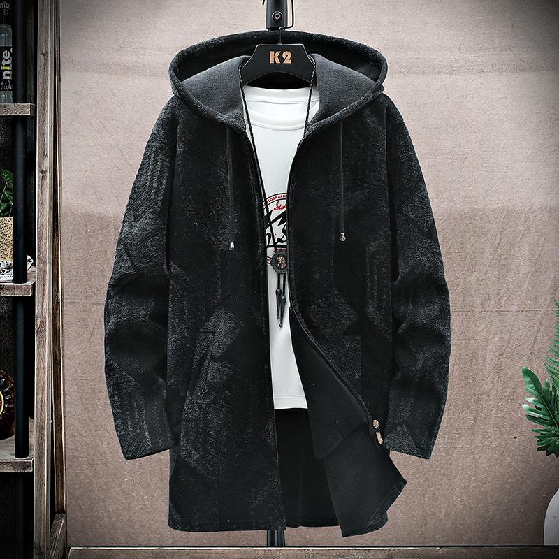 Осенний Зимний Мужской Флисовый Вязаный Кардиган Средней Длины с Капюшоном Повседневный Вязаный Пальто Утепленный Теплый Свитеропальто Мужское 4XL черный серый 3360₽