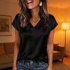 Women Tops Loose Fit Summer Blouse V-Neck Short Sleeve Smooth Satin Soft Stretchy Pullover Tops Commuting Style Blouse Daily Wear