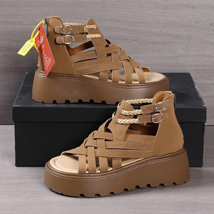 Women's Shoes 2025 Summer New Roman Sandals Women's Flat Thick Heel Fairy Wind Hollow Platform College Wind Open-toed Shoes