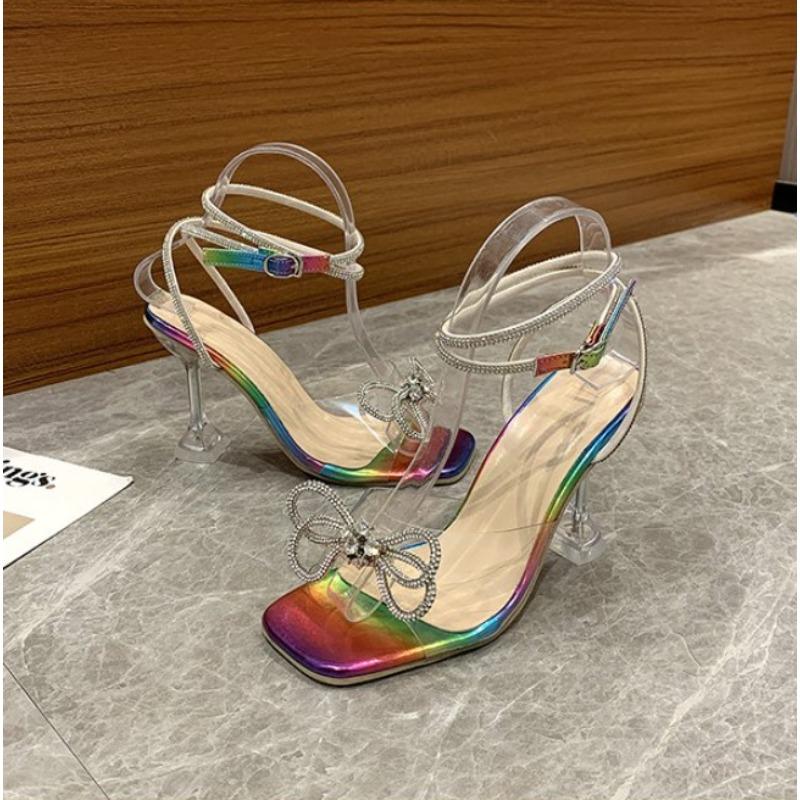 Transparent Open-toed Wine Glass and High-heeled Sandals Women's Summer Anklets with One-word Buckle and Bow Rhinestone Women's Sandals