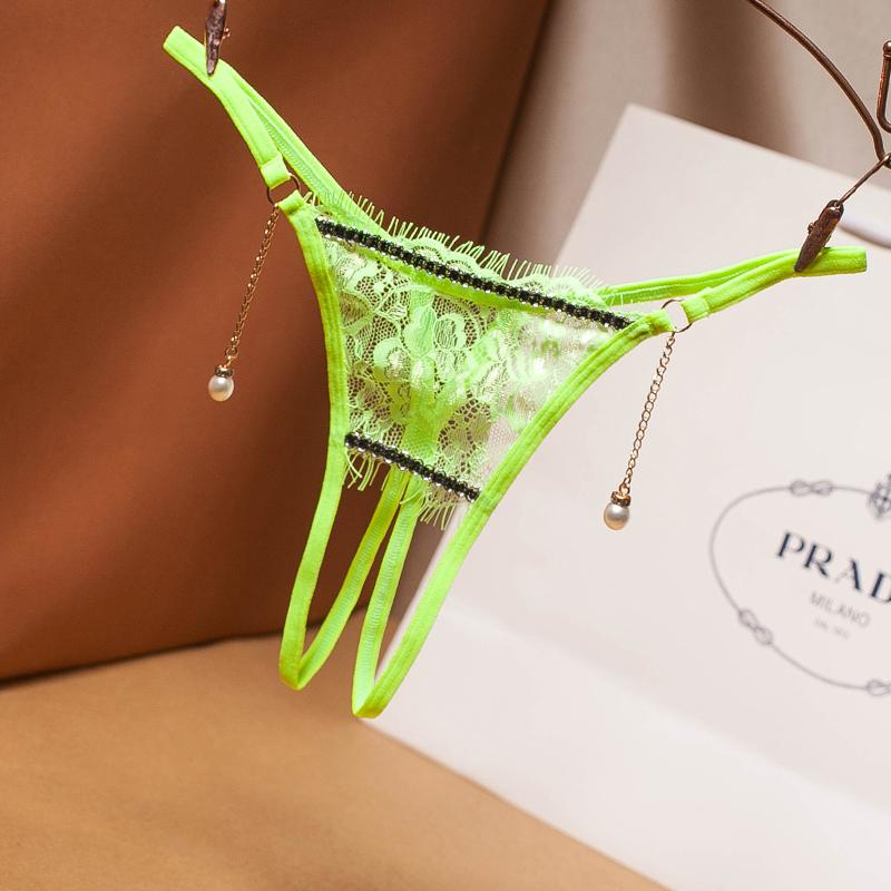 Perlový přívěsek Otevřená tanga Ženy Spodní prádlo Bezrozkrokové výšivky G String Tanga kalhotky Krajka Transparentní Sexy spodní prádlo