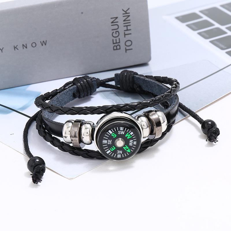Retro Beaded Leather Bracelet with Compass - Unisex Multi-layer Hand-woven Accessory