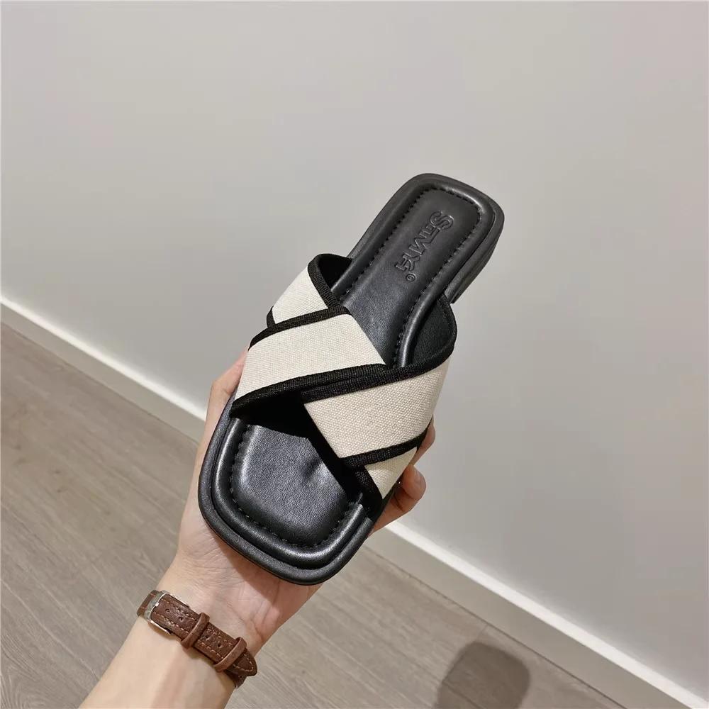 Fashion Women's Slippers and Ladies Sandals Open Toe Low Heel Outside on Beach House Black Indoor Home Slides Shoes Off White Word Flat