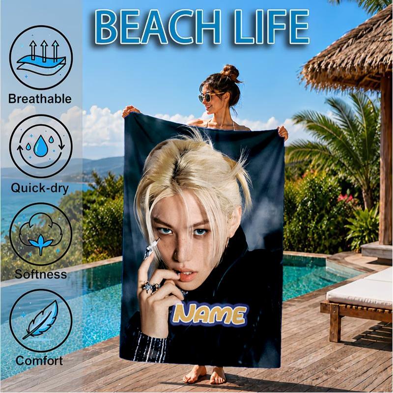 Custom Name K-pop Idol Collage Beach Towel Microfiber Beach Towel, Lightweight and Quick-Dry, for Summer Travel, Swimming Pool Gift