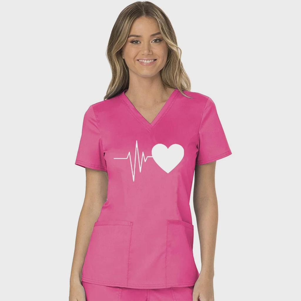 European & American Heartbeat Love Print Nurse Uniform, V-Neck, Double Pocket, Short-Sleeve T-Shirt, Large Size