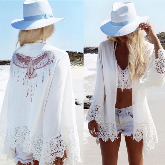 

Купальник Cover Up Длинный рукав Кардиган Орел Принт Кружева Солнцезащитный крем Анти-УФ Пляжный Кардиган Пляжная одежда