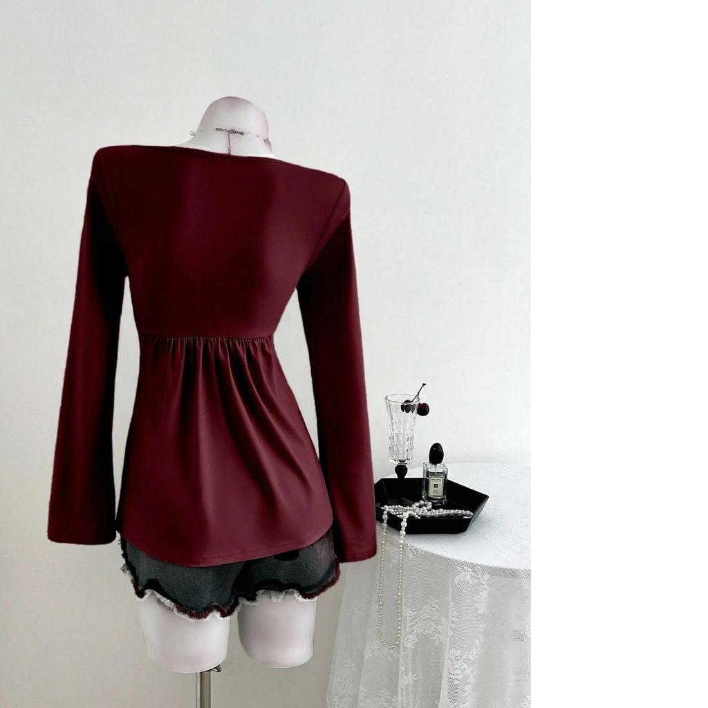Nuevo Diseño Francés de Primavera y Otoño con Pecho Retorcido Estilo de Moda Sudadera de Otoño Primavera Top de Manga Larga para Mujer