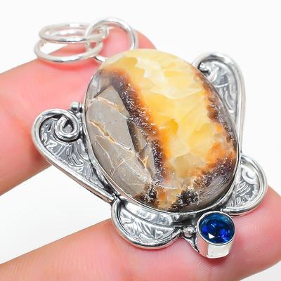 Natural Septerian Stone, Blue Topaz 925 Sterling Silver Pendant 2.09" v3J00