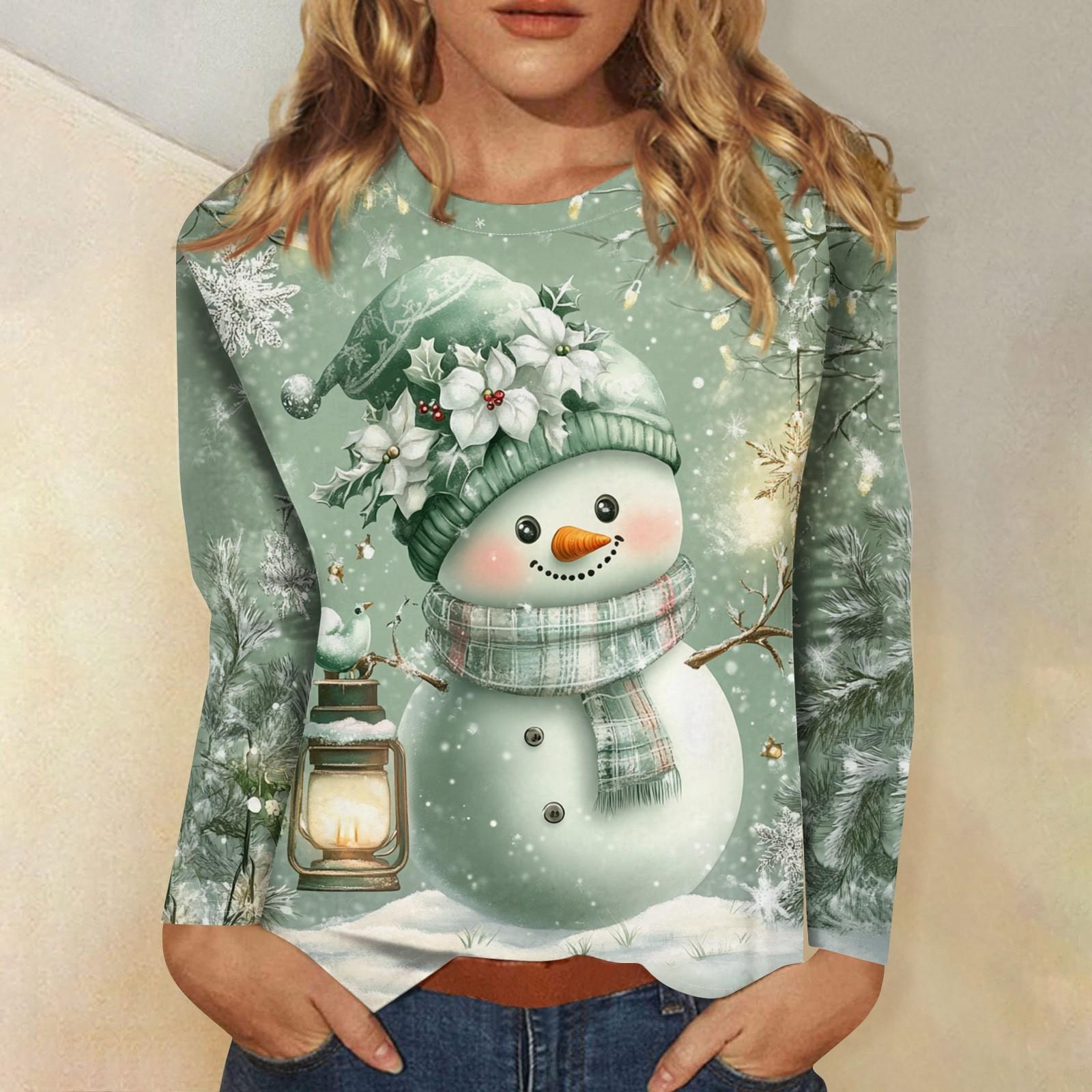

Рубашки с длинным рукавом для женщин Милые принты Футболки Блузки Повседневные Большие размеры Базовые топы Пуловеры Рождественские XXXXL зелёный