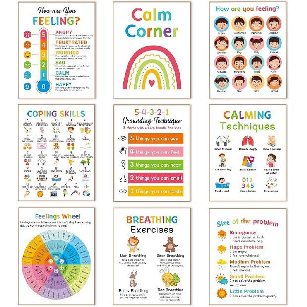 9 Calming Corner Posters Classroom, Calm Down Corner Feelings Chart for Kids, Mental Health Posters, Classroom Educational Poster Emotions Chart