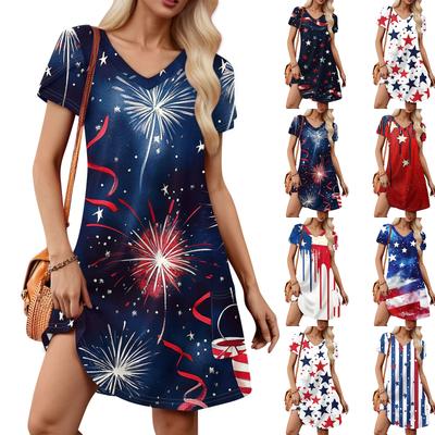 Women's Petal Short Sleeve V Neck Loose Fit Independence Day Print Swing Sundress With Pockets