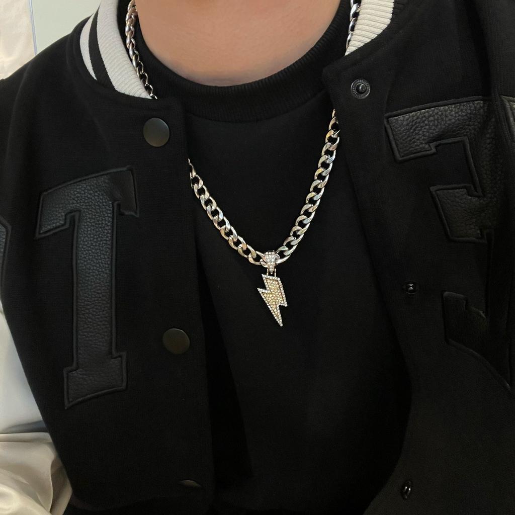 Hip Hop Zircon Lightning Pendants Necklace with Iced Out Miami Cuban Chain Rapper Party Wear Jewelry