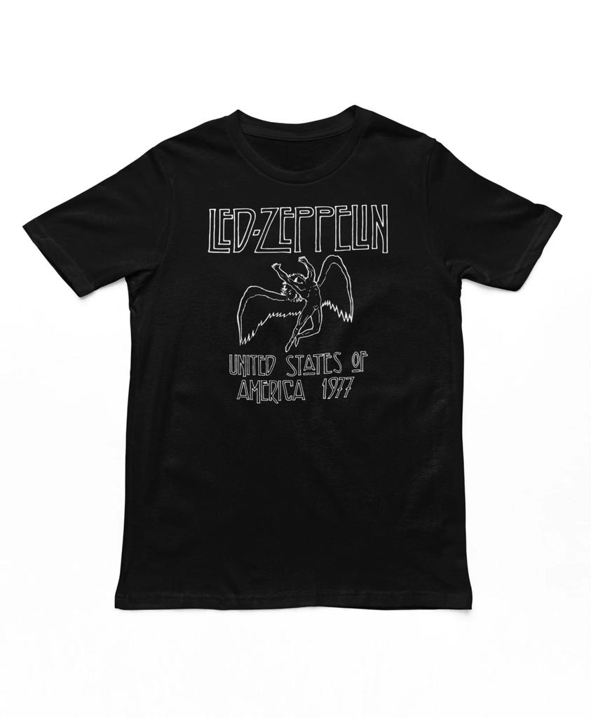 Led Zeppelin Black USA 77 T Shirt Mens Rock and Roll Music Band Tee New Black
