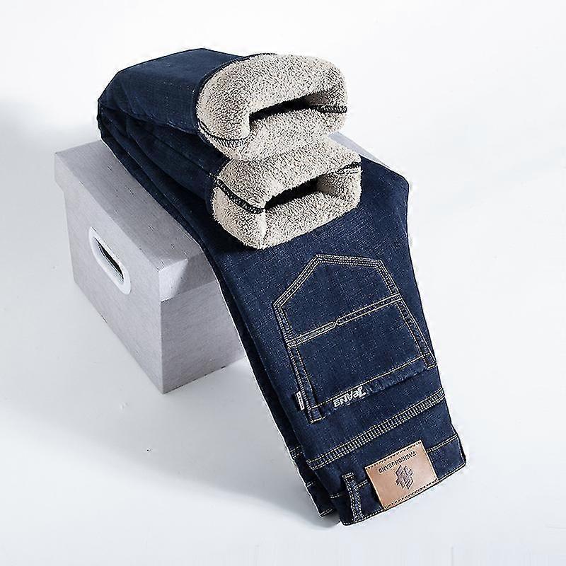 Mens Thermal Jeans Thick Velvet Denim Pants Warm Fleece Lined Jeans Trousers