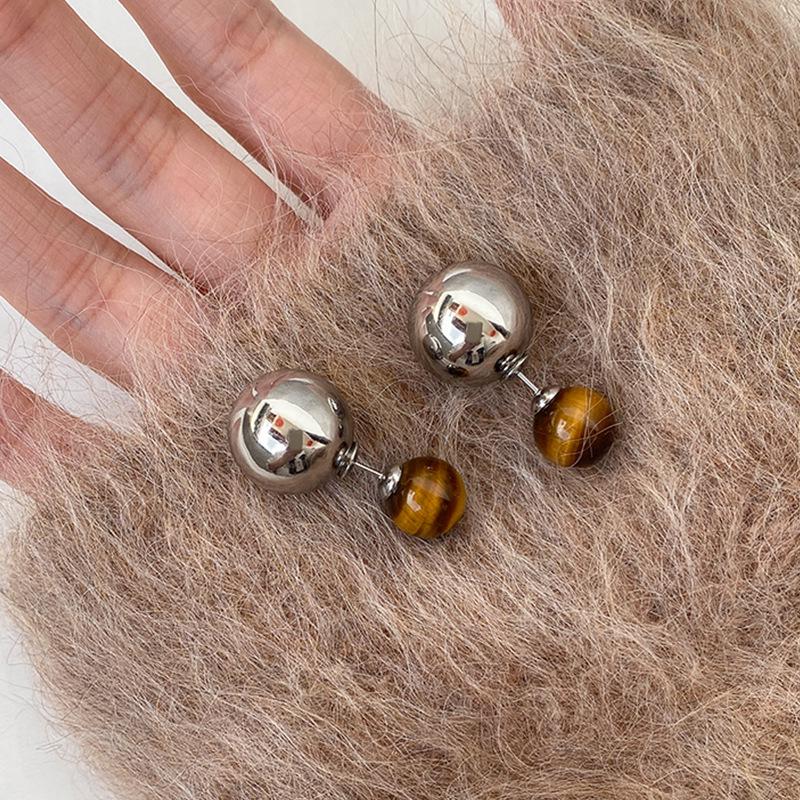 Sleek Tiger Eye Stud Earrings: Versatile Front & Back Design for Unique Fashion