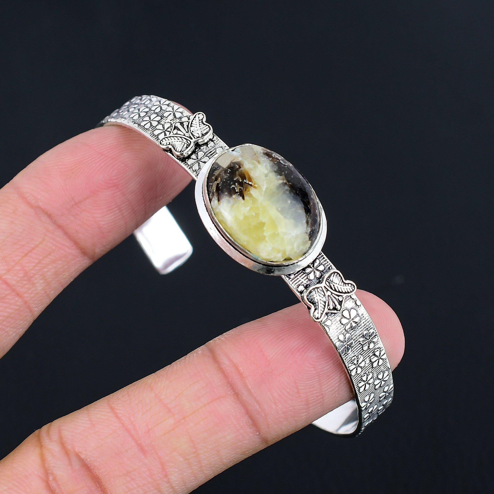 Gift For Her 925 Sterling Silver Natural Septarian Gemstone Bangle Adjustable Adjustable