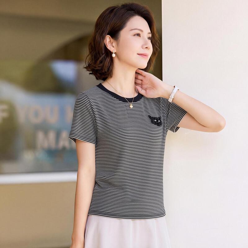 Women s Embroidered Striped Short Sleeve T-Shirt M
