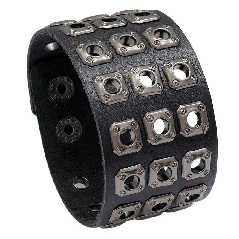 Retro Rivet Wide Genuine Leather Bracelet Fashion Jewelry Rock Punk Adjustable Length Bracelets Men Wristband Bangle