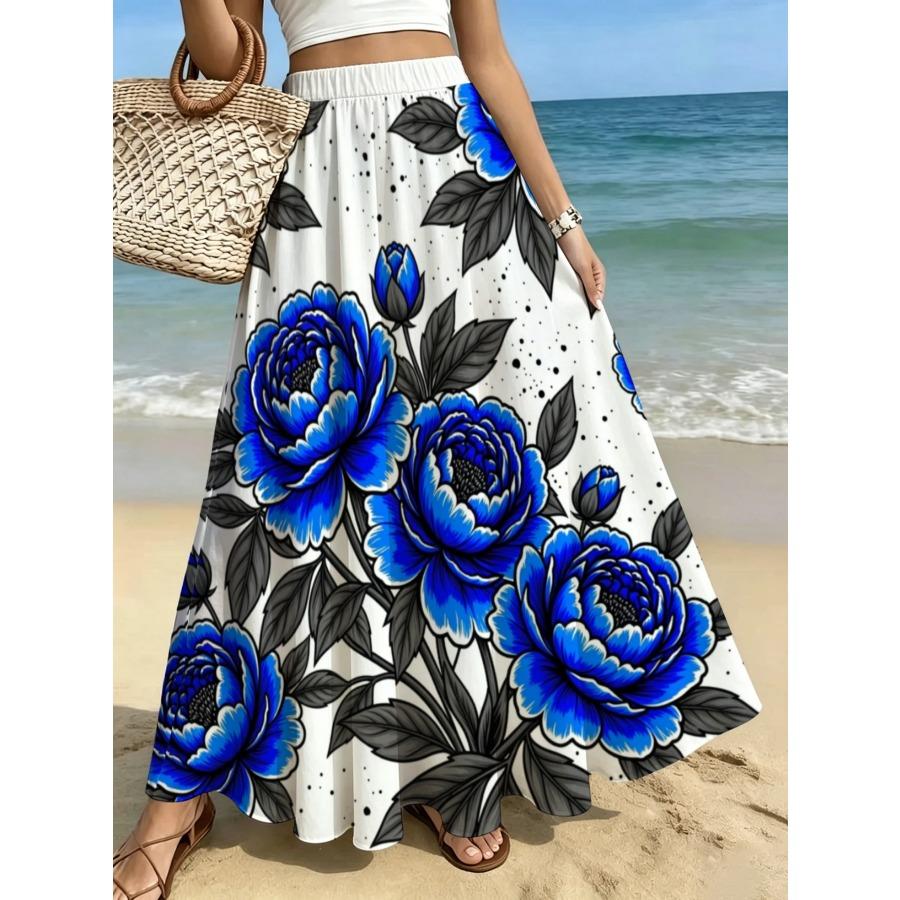 Midi Skirt, Plus-size Women's Floral Print