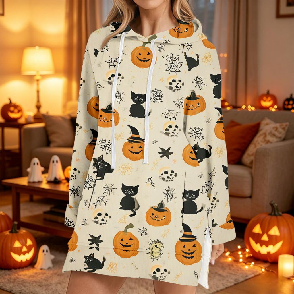 Women's Casual Long Sleeve Halloween Print Hoodie Pullover Top for Fall Festive Wear