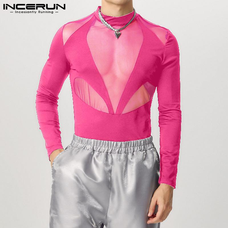 INCERUN Men Long Sleeve Mesh Sheer Patchwork Bodysuits See Through Club Playsuits
