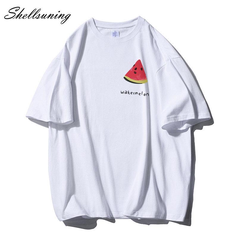 Shellsuning Tricouri casual din bumbac de vară cu decolteu în formă de O Tricouri cu grafic pentru femei drăguț pepene verde pentru femei, simplu, la modă, cu mâneci scurte, topuri fete