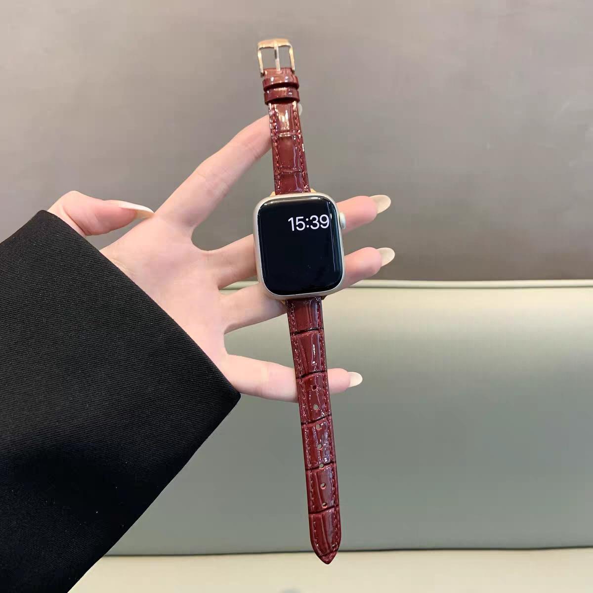 

New Ice Surface Slim Leather Loop For Apple Watch Band Correa Women Thin 38mm 40mm 41mm 42mm 44mm 45mm 49mm 38mm40mm41mm вино красного