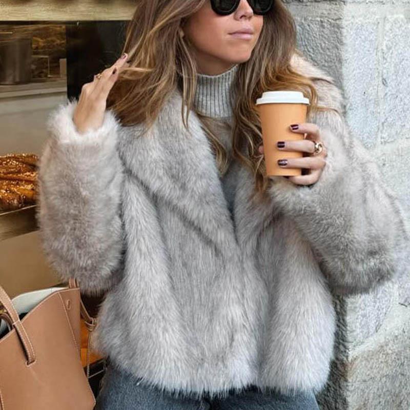 Women Fashion Cropped Faux Fur Jacket Coat Long Sleeve Front Snap-button Female Outerwear Chic Lapel Collar Thick Coat