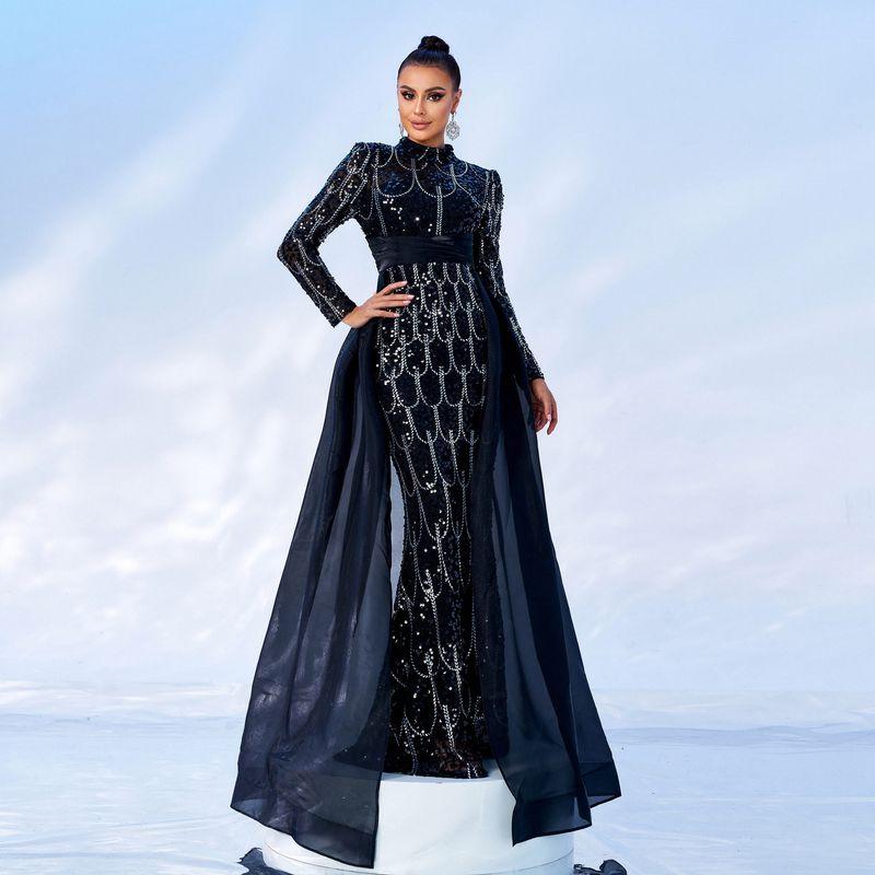 Wedding Dress European and American New Style Long-Sleeved Round Neck Long Sequined Banquet Cape Fishtail Evening Dress Bridesmaid Dress