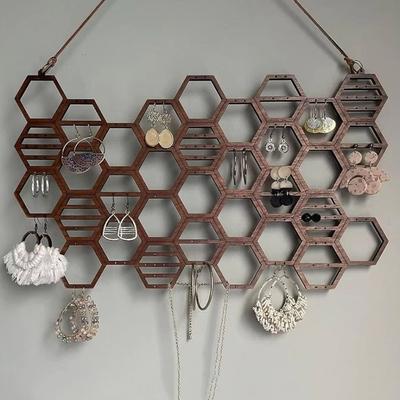 Wandmontierter Waben-Ohrring-Organizer Holz-Schmuck-Organizer für Damen Mädchen