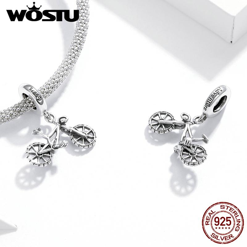 WOSTU 925 Sterling Silver Heart Bead Bicycle Charm Fit Original Bracelet DIY Necklace Pendant Cool Style Jewelry CTC384