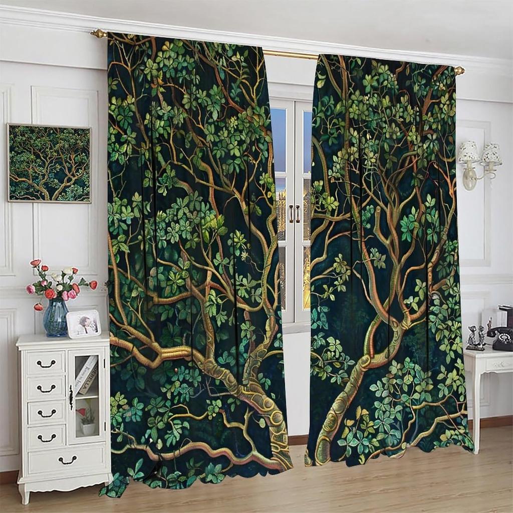 Rustic Farmhouse Forest Blackout Curtains   Vintage Watercolor Green Forest Tree Nature Landscape Window Drapes   for Living Room