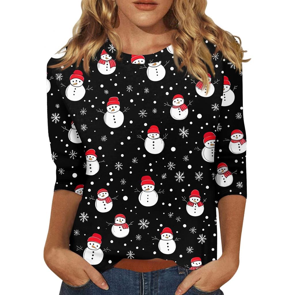 Women's Fashionable Casual Three Quarter Sleeve Christmas Printed Collar Pullover Top