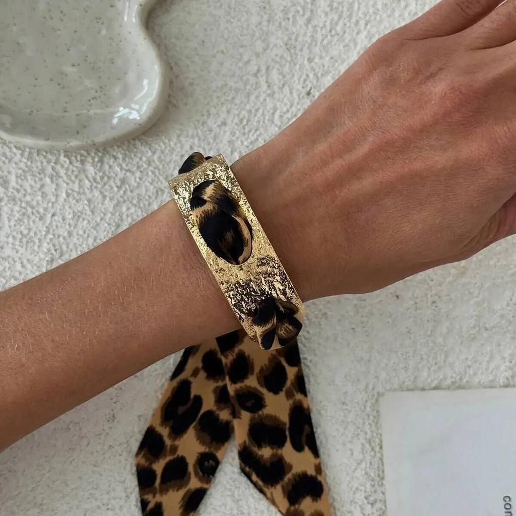 Salircon 7 Style Leopard Print Silk Scarf Cuff Bangle Retro Ethnic Style Polka Dot Ribbon-Wrapped Metal Wide Bracelet Wristband