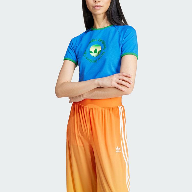 Adidas Originals Graphic Stripe Logo Classic Sports Crop Top T-Shirt Women Tops Blue JG8057