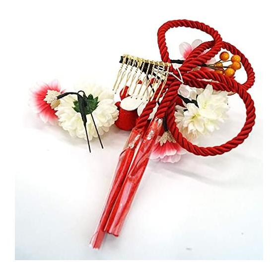 Hair Ornaments Set of 2 for Furisode Kimono Coming-of-Age Ceremony, Tsumami Zaiku, Red Chirimen, Flower Ornaments, Large Diameter Approx. 10cm, Small