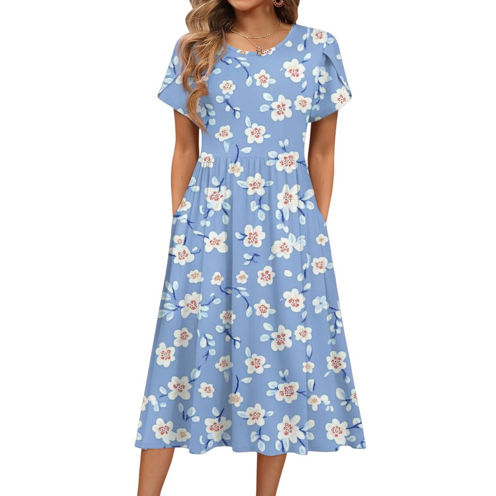 Damenmode Sommer Rundhals Kurzarm Blumendruck Strandkleider