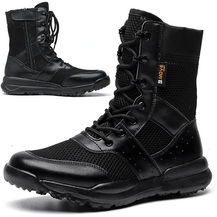 Summer Men's Breathable Combat Boots, High-Top Tactical Desert Boots with Side Zipper, Women's Outdoor Boots, One-Piece Design.