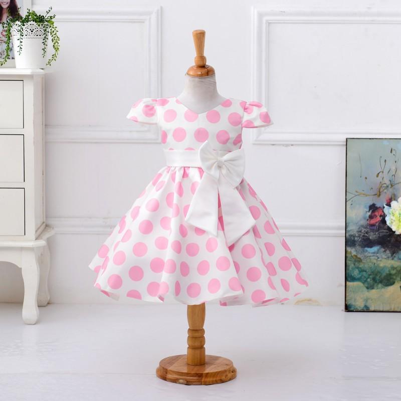 Girls Polka Dot Short Sleeve Bow Dress Kids Formal Party Gown 3-12 Years Old