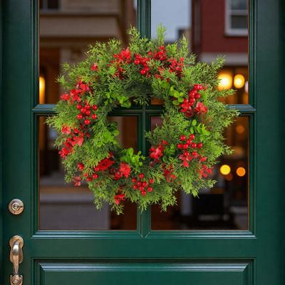 16 Inch Christmas Wreath with Red Berries Artificial Eucalyptus And Cedar Leaf Wreath for Holiday Front Door Wall Home Decoration