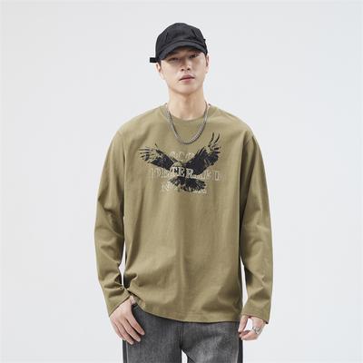 Cotton Long-Sleeved Sweater T-Shirt Men'S Spring And Autumn Loose Large Size Round Neck Trendy Brand Printed Casual Inner Bottoming Shirt
