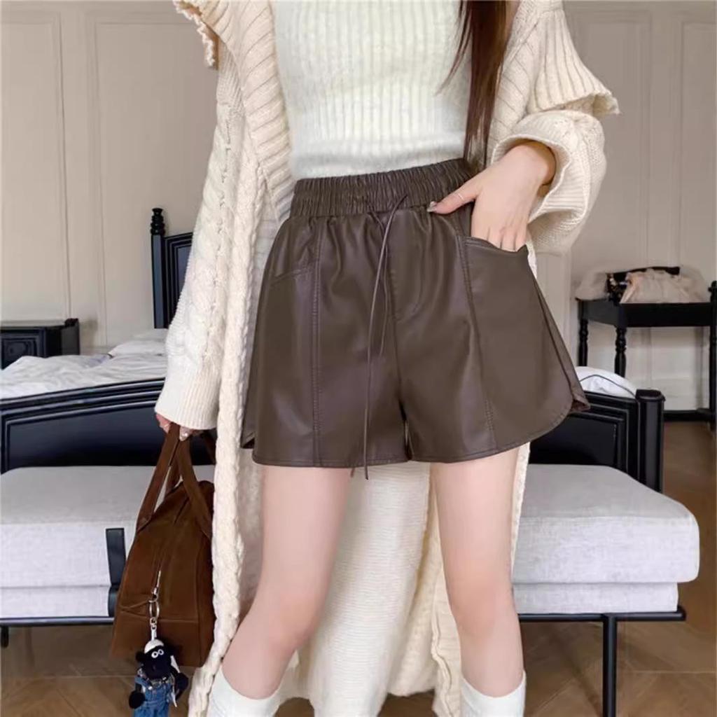 Women's High-Waist PU Leather Shorts, Autumn 2024: New Mylar Style, Slimming, Versatile, Drawstring, Wide-Leg, Casual Pants