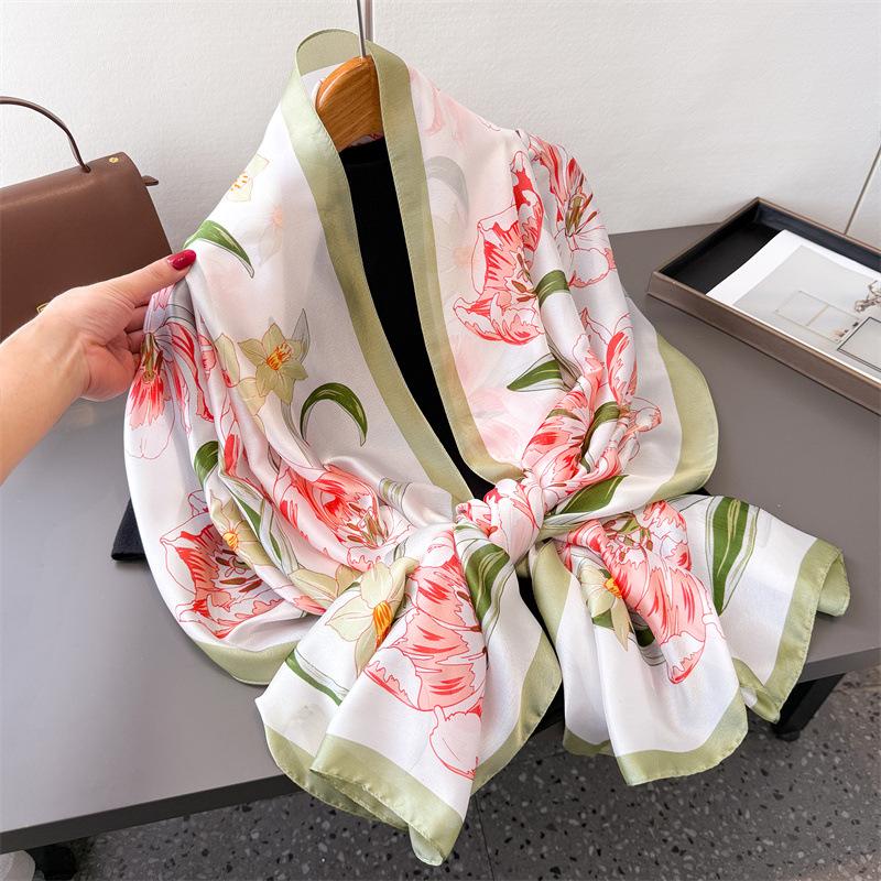 Korean Version Of Flower Simulation Silk New Silk Satin Fashion Sunscreen Spring And Summer Style Silk Scarf Long Scarf Shawl Versatile Scarf