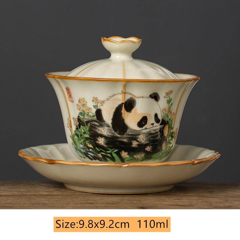 Chines Hand-painted Panda Ceramic Gaiwan Ru Kiln Teacup Handmade Beauty Tea Infuser Household Travel Tea Bowl Portable Teaware